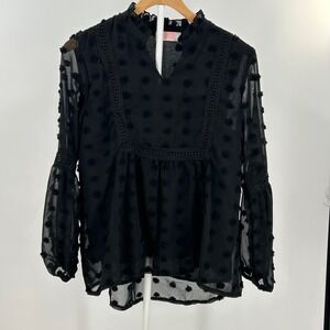 Black Sheer Swiss Dot Blouse Boho Romantic Cottagecore Peplum Top Small